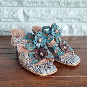 Nwot Lartiste Spring Step Blue Floral Leather Open Toe Heel Sandal Size 9